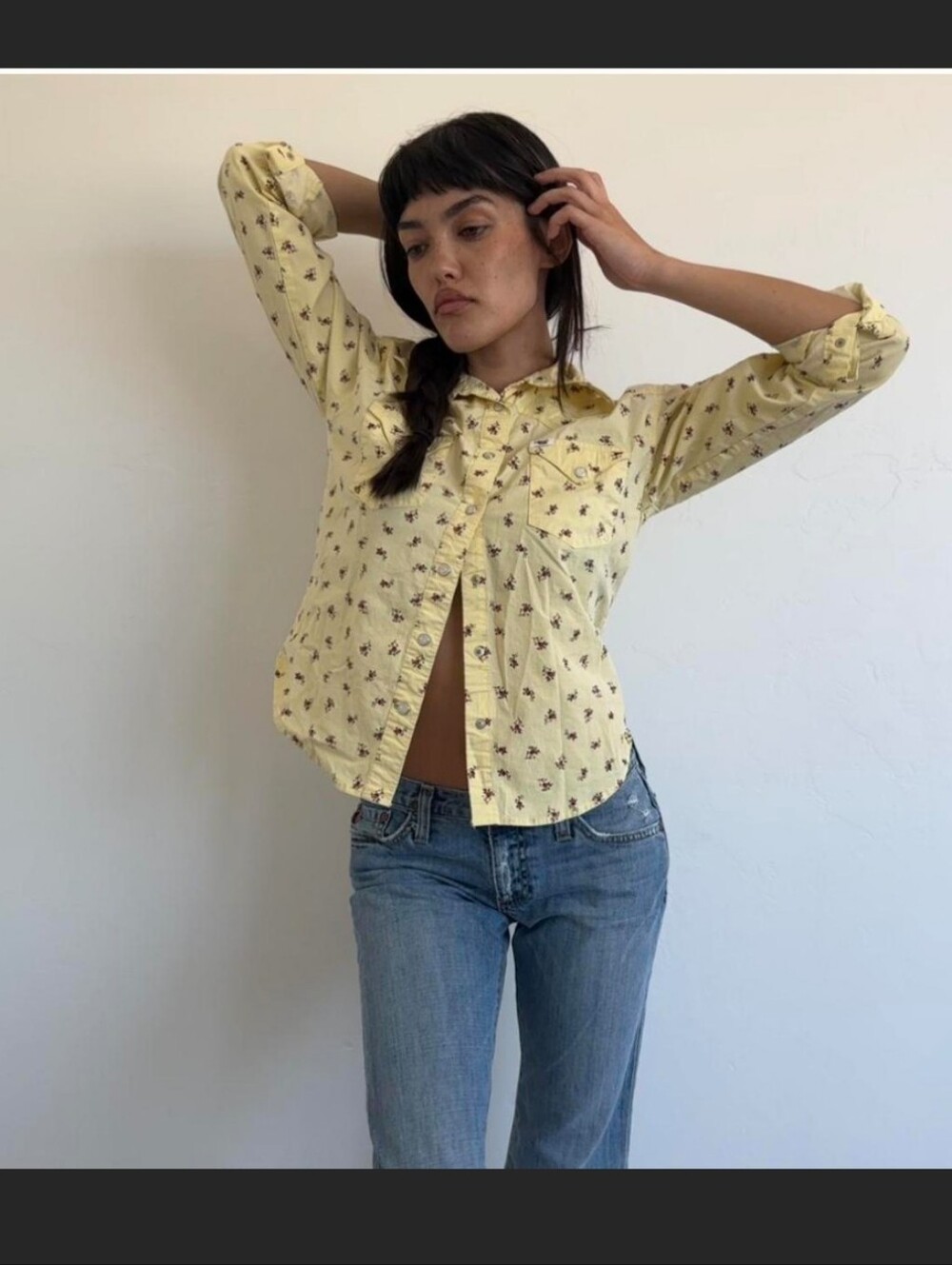Aeropostale Pale Yellow Button-Down with Pink Floral Print